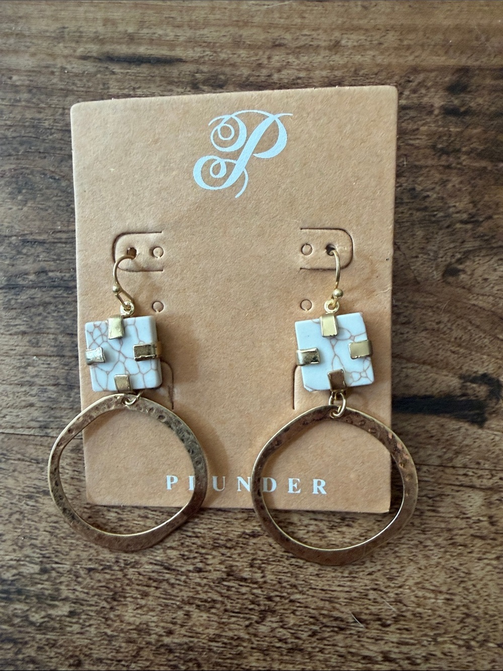 Plunder Gold Tone Hoop Earrings with White Veined Square Accents